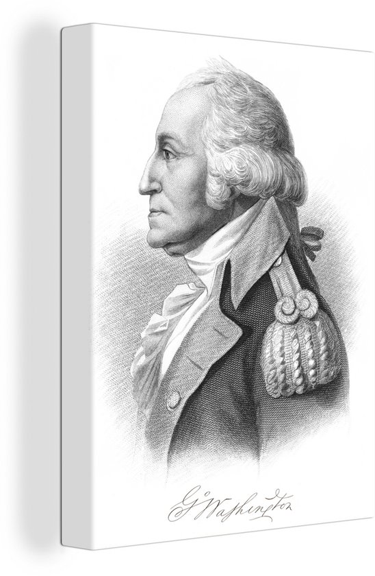 Canvas Schilderij Een illustratie van president George Washington met zijn handtekening - 60x80 cm - Wanddecoratie