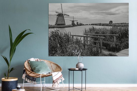 Photo Zwart et blanc des moulins à vent de Kinderdijk aux Nederland Toile 180x120 cm - Tirage photo sur toile (Décoration murale salon / chambre) XXL / Groot format!