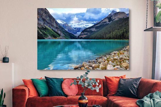 Canvas schilderij 150x100 cm - Wanddecoratie Meer in het Nationaal park Banff in Alberta - Muurdecoratie woonkamer - Slaapkamer decoratie - Kamer accessoires - Schilderijen op canvas