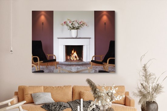 Une cheminée dans un salon 160x120 cm - Tirage photo sur toile (Décoration murale salon / chambre) XXL / Grand format!