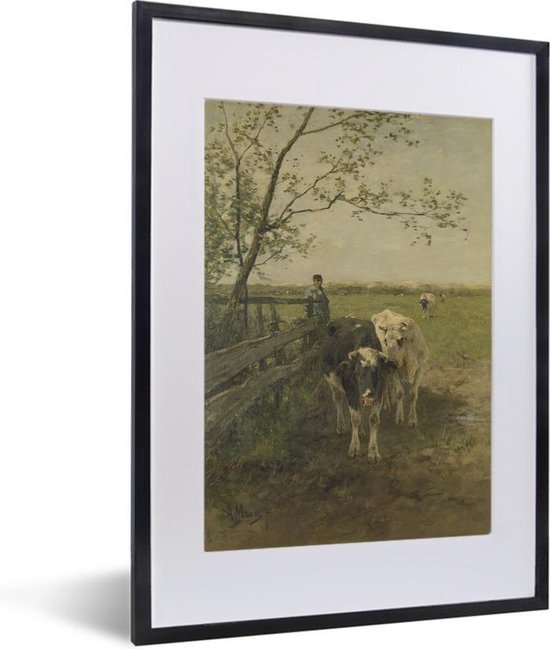 De melkbocht - Schilderij van Anton Mauve fotolijst zwart met witte passe-partout 40x60 cm - Foto print in lijst