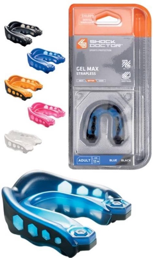 Verpakking met Shock Doctor Gel Max mondbeschermers in diverse kleuren