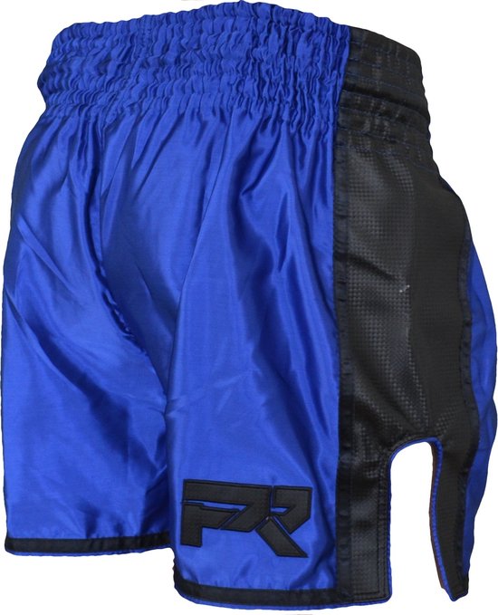 Blauwe vechtsportbroek met PR logo op de zijkant en zwarte accenten.