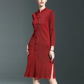 Slim Retro Cheongsam Miyake Drukvouw Jurk met lange mouwen (Kleur: Wijnrood Maat: One Size)-Rood