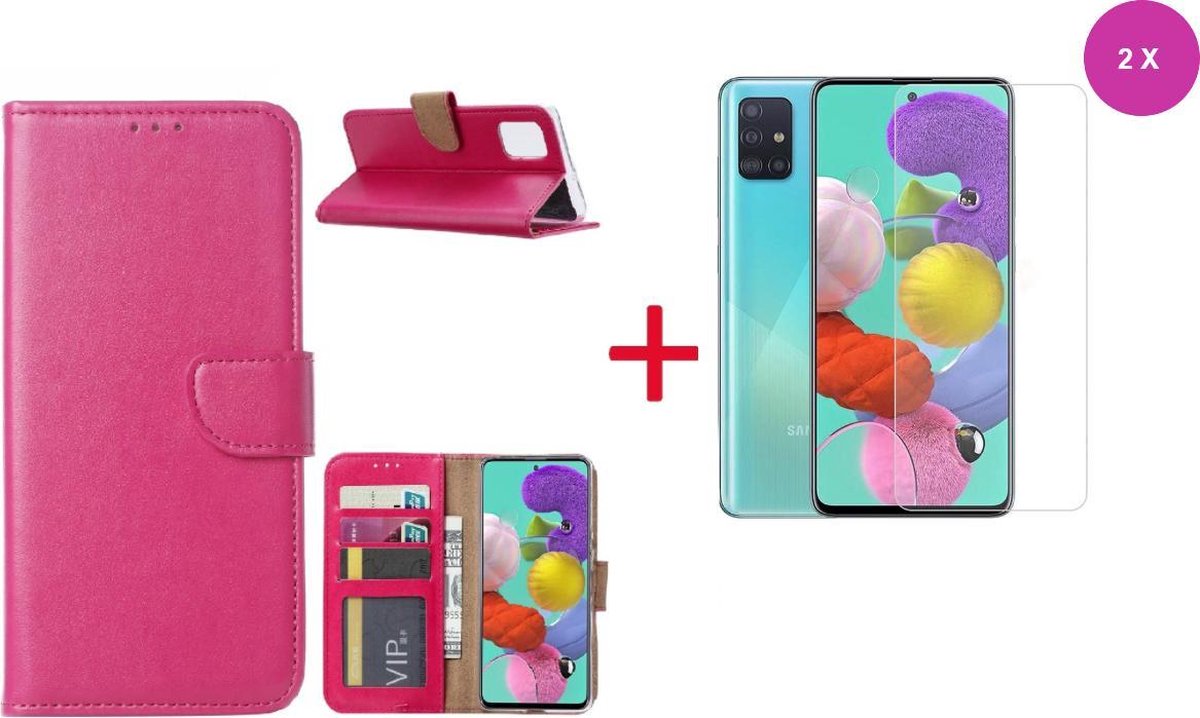 BixB Samsung A51 Hoesje - Bookcase + 2X Screenprotector - Roze/Pink