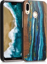 kwmobile hoesje voor Huawei P20 Lite - Backcover in blauw / bruin - Houten Penseel design