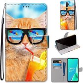 Voor OPPO A9 (2020) / A5 (2020) / A11X / A11 Gekleurde tekening Cross Texture Horizontale flip PU lederen tas met houder & kaartsleuven & portemonnee & lanyard (Cat Drinking Soda)