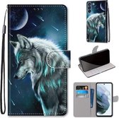 Voor Samsung Galaxy S21 FE Gekleurde Tekening Cross Textuur Horizontale Flip PU Lederen Case met Houder & Kaartsleuven & Portemonnee & Lanyard (Peinzende Wolf)