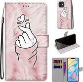 Gekleurde tekening Cross Texture Horizontale Flip PU lederen tas met houder & kaartsleuven & portemonnee & lanyard voor iPhone 12/12 Pro (roze handen hart)