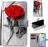 Gekleurde tekening Cross Texture Horizontale Flip PU lederen tas met houder & kaartsleuven & portemonnee & lanyard voor iPhone 12/12 Pro (B10 Wood Red Rose)