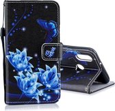 Voor Galaxy A10s Horizontale leren flip-hoes met houder & kaartsleuven & portemonnee (blauwe vlinderbloem)