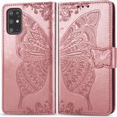 Voor Galaxy S20 + Butterfly Love Flower Reliëf Horizontale Flip Leren Case met Beugel / Kaartsleuf / Portemonnee / Lanyard (Rose Goud)