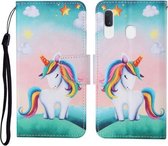 Voor Samsung Galaxy A20 / A30 Gekleurde Tekening Patroon Horizontale Flip Leren Case met Houder & Kaartsleuven & Portemonnee & Lanyard (Regenboog Eenhoorn)