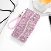 Voor iPhone XR Glitter Poeder Horizontaal Flip Leren Case met Kaartsleuven & Houder & Lanyard (Roze)