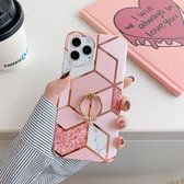 Plating Marble Pattern Soft TPU beschermhoes met ringhouder voor iPhone 11 (Pink Lattice)