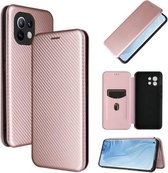 Voor xiaomi mi 11 koolstofvezel textuur magnetische horizontale flip tpu + pc + pu lederen tas met kaartsleuf (roze)