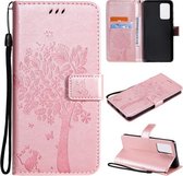 Voor Samsung Galaxy A52 5G Tree & Cat Pattern Pressed Printing Horizontale Flip PU Leather Case met houder & kaartsleuven & portemonnee & Lanyard (Rose goud)