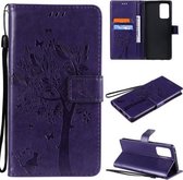 Voor Samsung Galaxy A72 5G Tree & Cat Pattern Pressed Printing Horizontale Flip PU Leather Case met houder & kaartsleuven & portemonnee & Lanyard (paars)