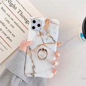 Voor iPhone 11 Pro TPU glad marmer met ring metalen strass beugel mobiele telefoon beschermhoes (sneeuwvlok goud Q10)