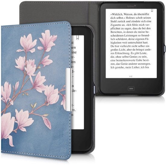 kwmobile e-reader hoesje geschikt voor Tolino Shine 2 HD hoes - E reader flip case met magnetische sluiting - Ereader cover - Magnolia design in taupe / wit / blauwgrijs van Merkloos — afbeelding 4