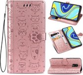 Voor Xiaomi Redmi Note 9S / Note 9 Pro / Note 9 Pro Leuke Kat en Hond Reliëf Horizontale Flip Leren Case met Beugel / Kaartsleuf / Portemonnee / Lanyard (Rose Goud)