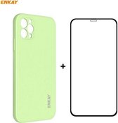 Voor iPhone 12 Pro Max Hat-Prince ENKAY ENK-PC0702 Vloeibare siliconen schokbestendige behuizing met rechte rand + 0,26 mm 9H 2.5D volledige lijm gehard glasfilm (lichtgroen)