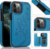 Vlinders Bloemen Dubbele gesp PU + TPU beschermhoes met houder & kaartsleuven en fotolijst voor iPhone 12 Pro Max (blauw)