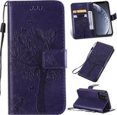 Tree & Cat Pattern Pressed Printing Horizontale Flip PU lederen tas met houder & kaartsleuven & portemonnee & lanyard voor iPhone 11 Pro (paars)