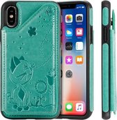 Voor iPhone X Cat Bee Embossing Pattern Schokbestendige beschermhoes met kaartsleuven en fotolijst (groen)