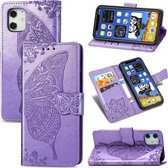 Voor iPhone 12/12 Pro 6.1 inch Butterfly Love Flower Reliëf Horizontale Flip Leren Case met Beugel / Kaartsleuf / Portemonnee / Lanyard (Lichtpaars)