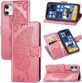 Voor iPhone 12/12 Pro 6.1 inch vlinder liefde bloem reliëf horizontale flip lederen tas met beugel / kaartsleuf / portemonnee / lanyard (roze)