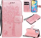Voor iPhone 12 mini Tree & Cat Reliëfpatroon Horizontale Flip Leren Case met Houder & Kaartsleuven & Portemonnee & Lanyard (Rose Goud)