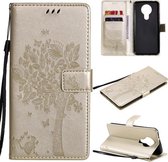 Voor Nokia 3.4 Tree & Cat Pattern Pressed Printing Horizontale Flip PU Leather Case met Houder & Kaartsleuven & Portemonnee & Lanyard (Goud)