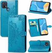 Voor OPPO A15 Mandala bloem reliëf horizontale flip lederen tas met houder & drie kaartsleuven & portemonnee & lanyard (blauw)