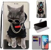 Voor Motorola Moto E7 Gekleurde tekening Cross Texture Horizontale Flip PU lederen tas met houder & kaartsleuven & portemonnee & lanyard (gouden ketting grijze kat)