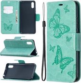 Voor Xiaomi Redmi 9A Twee vlinders reliëfpatroon horizontale flip lederen tas met houder & kaartsleuf & portemonnee & lanyard (groen)