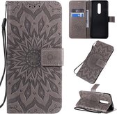 Voor OnePlus 8 Geperst afdrukken Zonnebloempatroon Horizontaal Flip PU-lederen hoes met houder & kaartsleuven & portemonnee & lanyard (grijs)