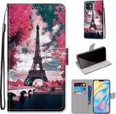 Gekleurde tekening Cross Texture Horizontale Flip PU lederen hoes met houder & kaartsleuven & portemonnee & lanyard voor iPhone 12/12 Pro (Pink Flower Tower Bridge)