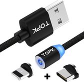 TOPK 2m 2.1A-uitgang USB naar 8-pins + USB-C / Type-C Mesh-gevlochten magnetische oplaadkabel met LED-indicator (zwart)