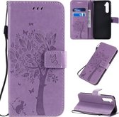 Voor OPPO Reno 6 Pro boom & kat patroon geperste print horizontale flip PU lederen tas met houder & kaartsleuven & portemonnee & koort (lichtpaars)