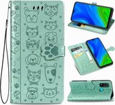 Voor Huawei P Smart 2020 Mooie Kat en Hond Embossing Patroon Horizontale Flip Leren Case, met Houder & Kaartsleuven & Portemonnee & Cartoon Sluiting & Lanyard (Groen)