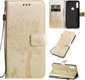 Voor Motorola Moto E7 Boom & Kat Patroon Geperst Afdrukken Horizontale Flip PU Lederen Case met Houder & Kaartsleuven & Portemonnee & Lanyard (Goud)