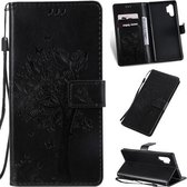 Tree & Cat Pattern Pressed Printing Horizontale Flip PU lederen tas met houder & kaartsleuven & portemonnee & lanyard voor Galaxy Note 10+ / 10 Pro (zwart)