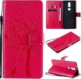 Voor Nokia 2.4 Tree & Cat Pattern Pressed Printing Horizontale Flip PU Leather Case met houder & kaartsleuven & portemonnee & Lanyard (Rose Red)