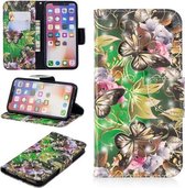 Horizontaal lederen flip-hoesje met 3D-kleurentekeningpatroon voor iPhone X & XS, met houder en kaartsleuven en portemonnee (groene vlinder)