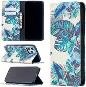 Gekleurd tekenpatroon Onzichtbare magnetische horizontale Flip PU lederen tas met houder & kaartsleuven & portemonnee voor iPhone 12 Pro Max (blauwe bladeren)