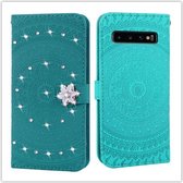 Voor Galaxy S10 Plus Pressed Printing Sticking Drill Pattern Horizontal Flip PU Leather Case met houder & kaartsleuven & portemonnee & & lanyard (grasgroen)