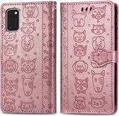 Voor Galaxy A41 schattige kat en hond reliëf horizontale flip lederen tas met beugel / kaartsleuf / portemonnee / lanyard (rose goud)