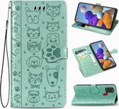 Voor Samsung Galaxy A21s Lovely Cat and Dog Embossing Pattern Horizontale Flip Leather Case, met houder & kaartsleuven & portemonnee & Cartoon sluiting & Lanyard (groen)