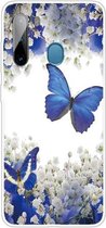 Voor Samsung Galaxy A21 gekleurd tekeningpatroon zeer transparant TPU beschermhoes (paarse vlinder)